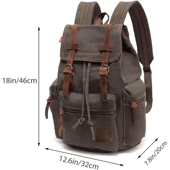 Unisex Army Green Casual Backpack 17-inch Laptop Backpack Leather Hiking Bag - Picture 3 of 7